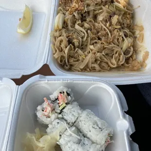 Beef pad tai (1st time ever had lemon wedges served with pad tai, it tasted decent) and California roll (it was ok)