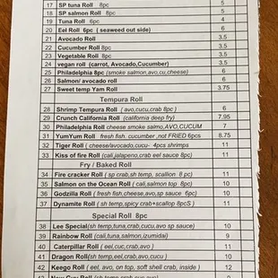 Sushi menu