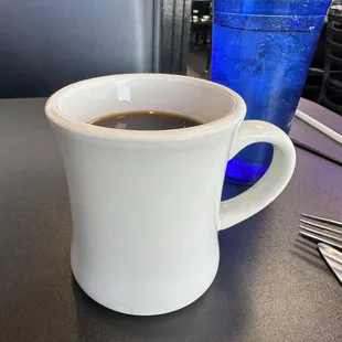 Good, hot coffee refilled without needing to ask.