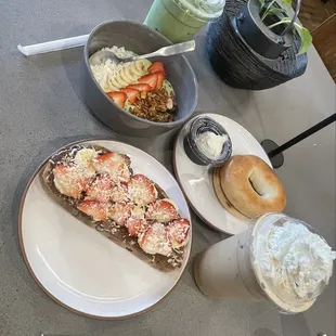 Strawberry banana Nutella, bagel with cream cheese, Matcha bowl. Iced matcha and a iced white mocha