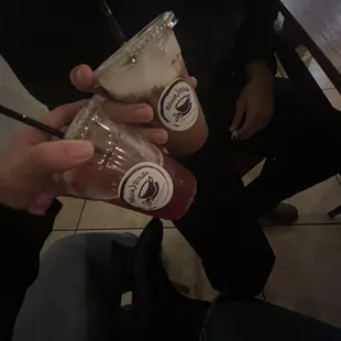 Rasberry 16 oz. Raspberry Hibiscus Iced Tea and Iced Mocha with cold foam