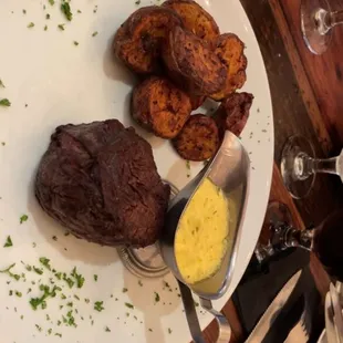 steak, potatoes, and mustard