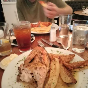 Fish and chips and Sipiros Chicken with potatoes