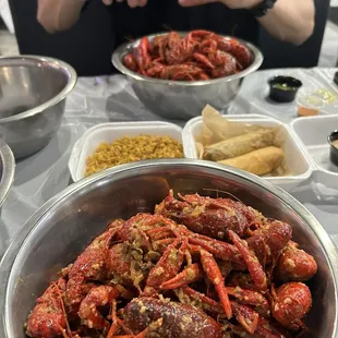 crawfish, boudin egg rolls, fried rice