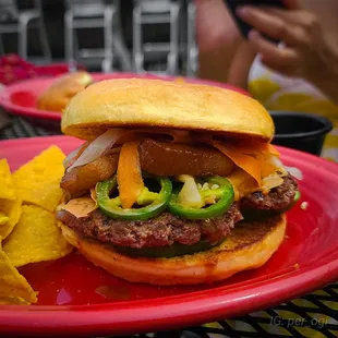 a red plate with a burger and chips