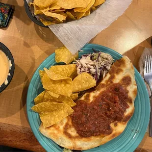 Quesadilla, queso and warm chips