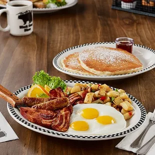 bacon, eggs, and pancakes