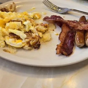 Eggs,american fries, bacon and links.