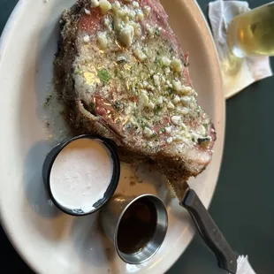 Prime rib with blue cheese butter topping. Horseradish and au jus