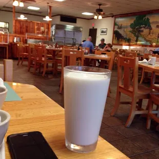 a glass of milk and a cell phone