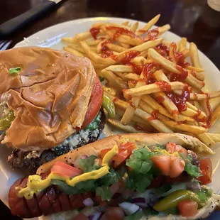 Chicago burger and Chicago dog with fries