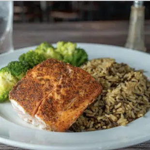 Blackened Salmon with with wild rice &amp; steamed broccoli