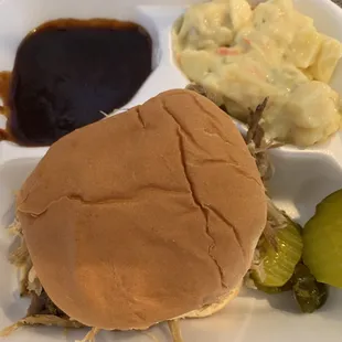 Pulled pork (I&apos;ll take a pic next time with the bun off), and potato salad