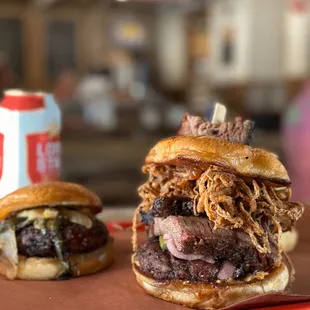 The SmokeStack Burger: Ground Prime brisket with homemade patties, topped with hunks of smoked brisket.