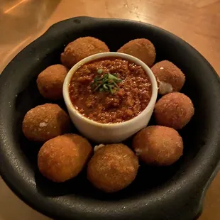 Friend Reggianito stuffed Spanish Fried Olives &amp; Romesco