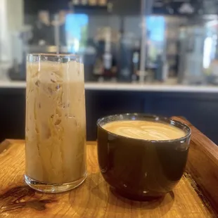 a glass of iced coffee and a bowl of coffee
