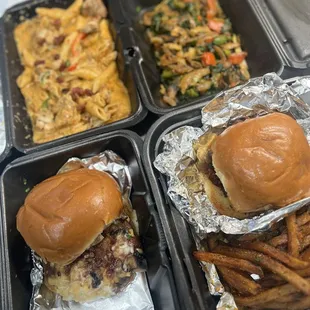Chicken Rasta Pasta and 2 Railroader Burgers; one with siracha lemon pepper fries and the other with sautéed veggies.