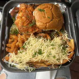 Honey Sriracha Chicken Sandwich and fries with sriracha and Garlic Parm