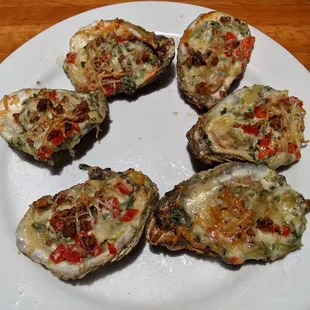 BC oysters... grilled with spinach dip, bacon and red peppers