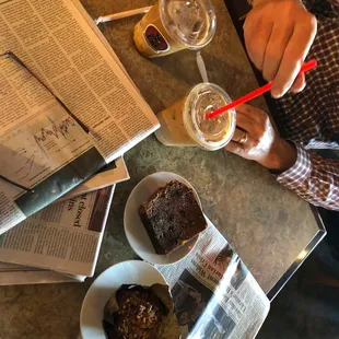 Iced decaf macchiato lattes; raspberry muffin; zucchini bread