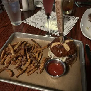 The Swiss burger and fries