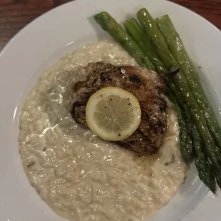 Lemon Rosemary Chicken, substituted Parmesan risotto for the wild rice