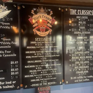 Coffee menu