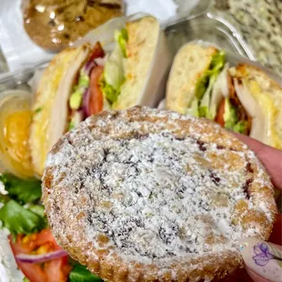 Raspberry crumble cookie and their avocado bacon turkey sammie