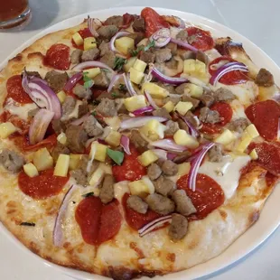 Meat lovers pizza.  Substituted olives with pineapple instead.