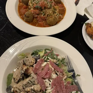 Spaghetti meat balls &amp; Mediterranean Chopped Salad with chicken