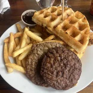 chicken &amp; waffles &amp; sausage &amp; "potatoes"