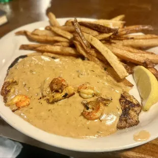Specialty limited time offering. Red snapper with crawfish etouffee and fries-$30ish