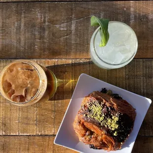 Chocolate croissant, iced americano, mint lemonade