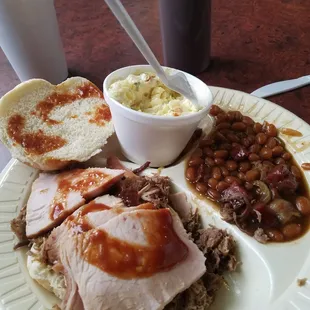 Combo 2 - two meat (Turkey &amp; Brisket) and beans and potato salid.