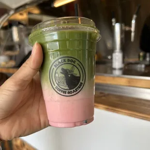 This is the sweet little hulk ! delicious matcha with rose syrup and oat milk