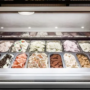 Fresh gelato made daily featured in our shop gelato case! We have 12 gelato flavors every month - 6 Signature, 3 Featured, and 3 Dairy-Free!