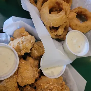 Onion rings and breaded mushrooms.