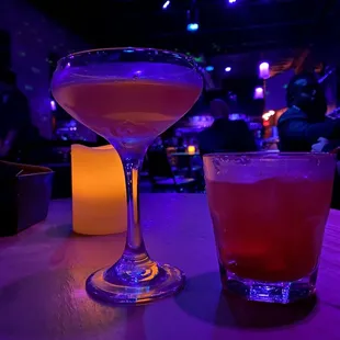 Black Dolphin (left, sweet, slightly medicinal taste), Old Fashioned (right, this was like watered down Jack Daniels with a cherry in it).