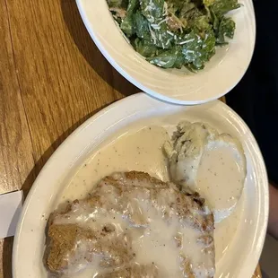 Chicken Fried Steak with Caesar salad and mashed potatoes
