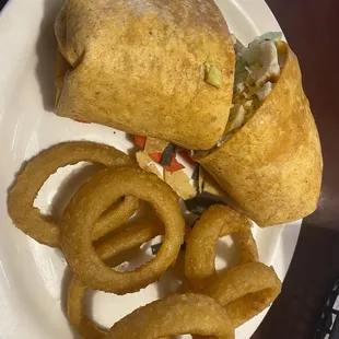 Southwest Chicken Wrap with onion rings