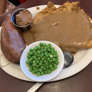 Chicken Fried Steak with brown gravy, Sweet Potato &amp; Peas