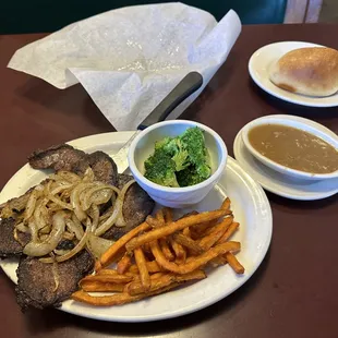 Liver &amp; Onions with two sides (steamed broccoli &amp; sweet potato fries).