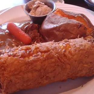 Pot roast lunch special with fried corn and a baked sweet potato $8.99