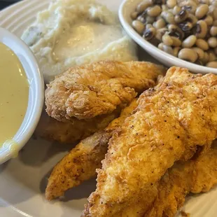 a plate of fried chicken and beans