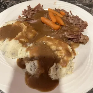 Pot roast with double mashed potatoes