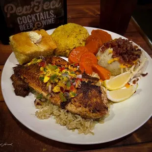 Pan Seared Tilapia with Mango Salsa, Cornbread, Baked Squash Casserole, Glazed Carrots, Loaded Mashed Potatoes.