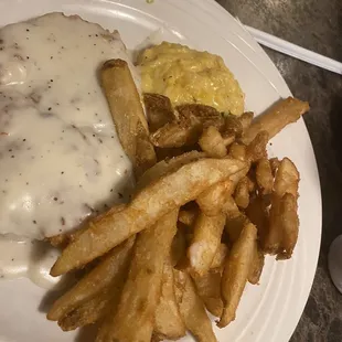 61722 chick fried chick. W fries, reg gravy and cheddar broccoli rice, fries are yum yummy!