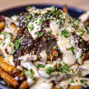 a plate of french fries covered in gravy