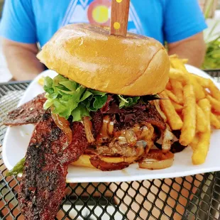 Yes that is jalapeno bacon hanging off this baby!  Porter burger!  Delish!