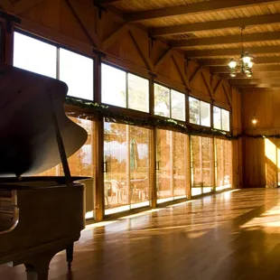 Inside the Lodge looking out the windows from the dance floor.